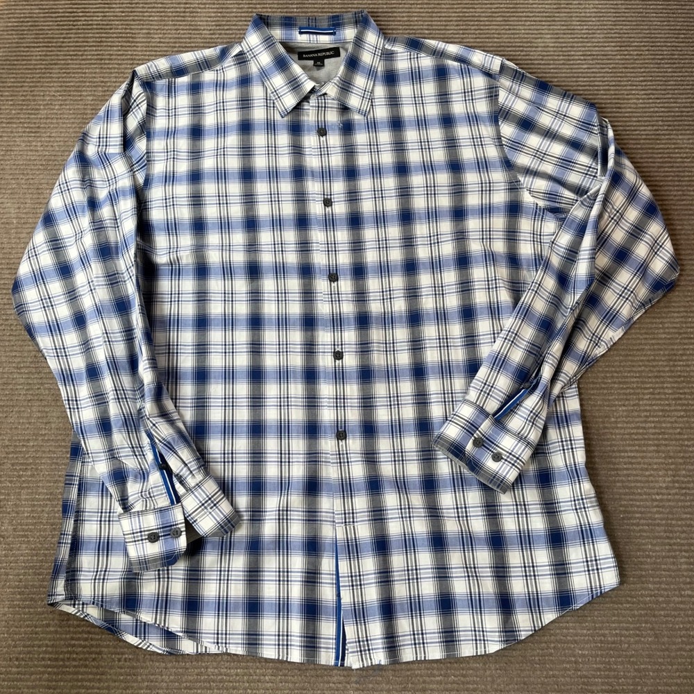 Banana Republic Mens Size XL Blue White Plaid Stretch Button Down Shirt